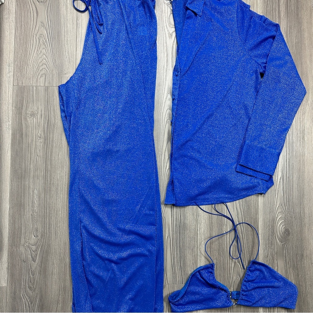 NWT Meshki Cobalt Swim Cover Up Sparkle Set - Shirt, Pants and Bikini Top